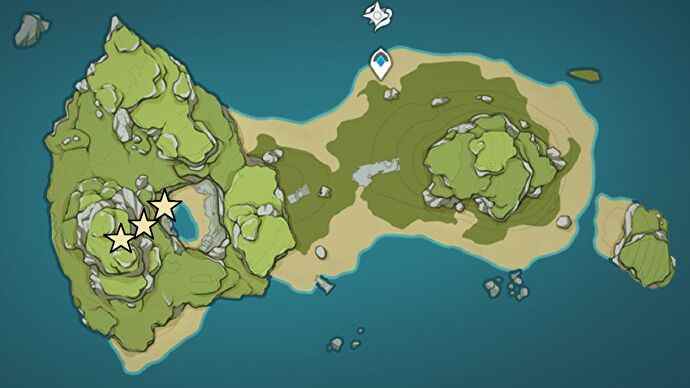 Une carte de Minacious Isle, qui fait partie de l'archipel Golden Apple dans Genshin Impact, montrant les emplacements des Phantasmal Conches dans la version 2.8.