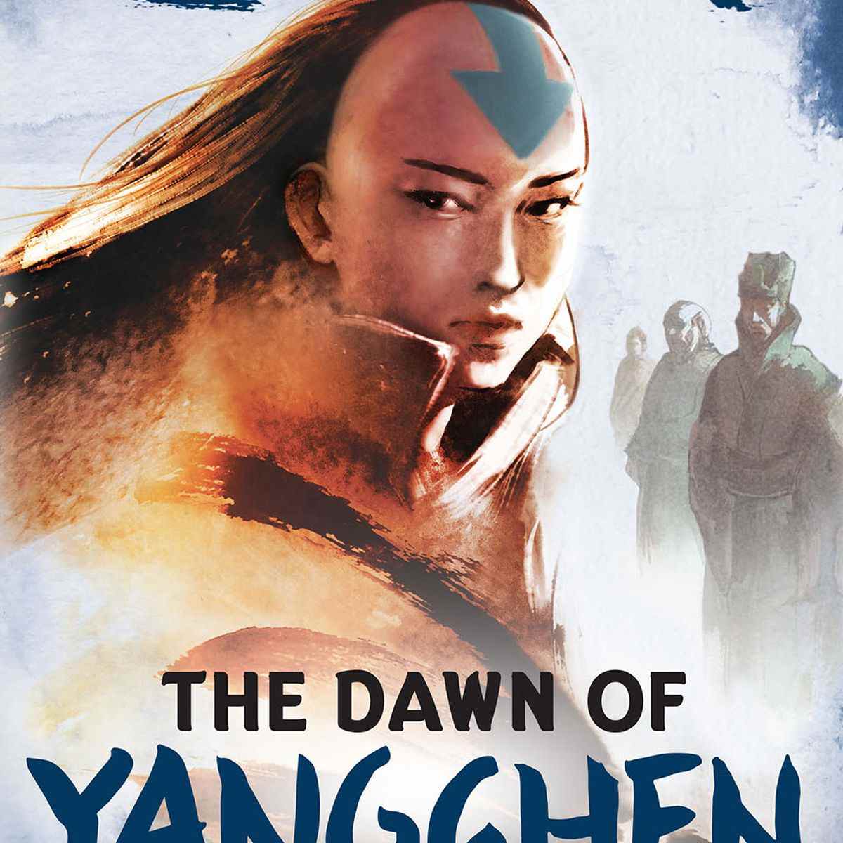 La couverture du livre Avatar, The Last Airbender: The Dawn of Yangchen, mettant en vedette une femme Avatar dans une robe abstraite, avec une rangée d'anciens Avatars derrière elle, s'étendant au loin