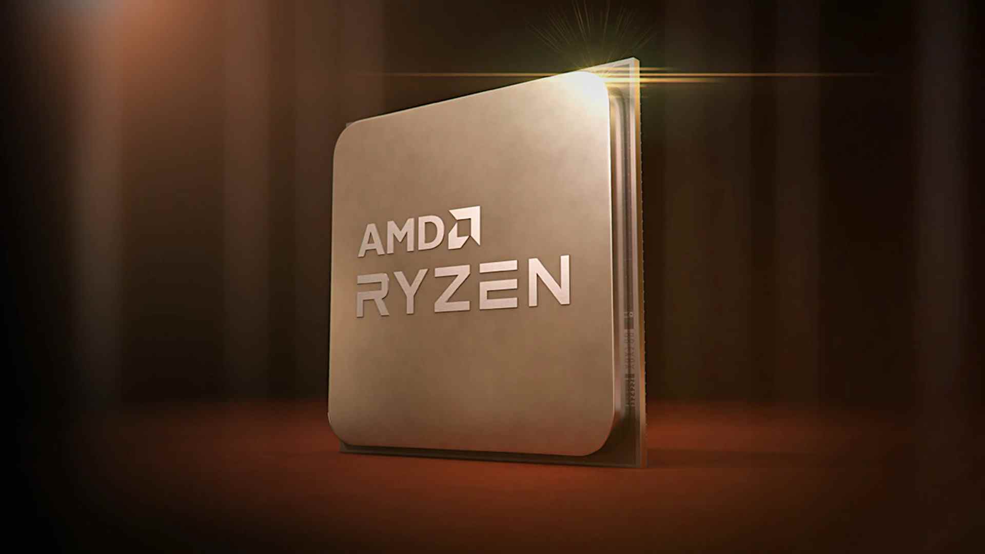 Un processeur AMD Ryzen brille sur un fond doré foncé