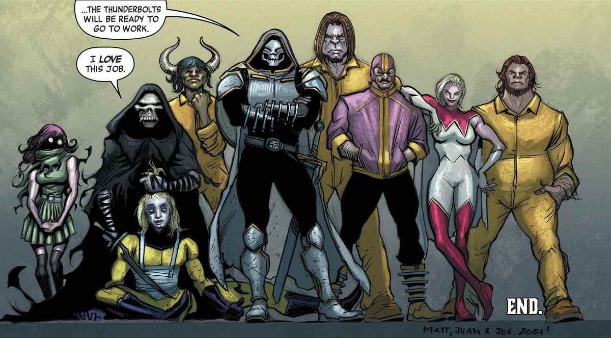 Un line-up de neuf super-vilains Marvel, dont Taskmaster et Batroc the Leaper dans King in Black : Thunderbolts #3 (2021). 