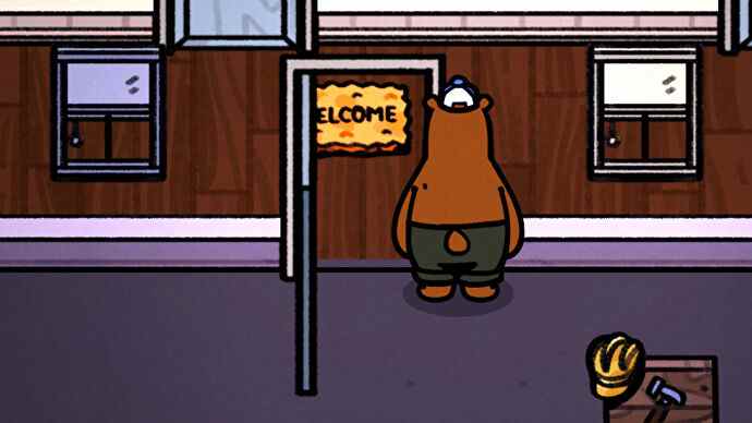 Une capture d'écran d'un tapis de bienvenue mal aligné sur la porte dans Bear And Breakfast.