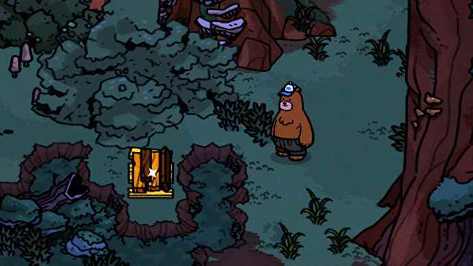 Une capture d'écran d'une zone forestière dans Bear And Breakfast, avec Hank regardant une palette de bois au sol.