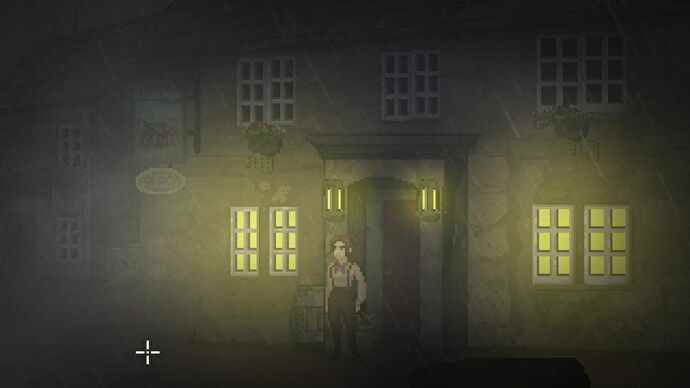 Thomasina se tient à l'extérieur du pub du village dans The Excavation Of Hob's Barrow, par une nuit sombre et brumeuse