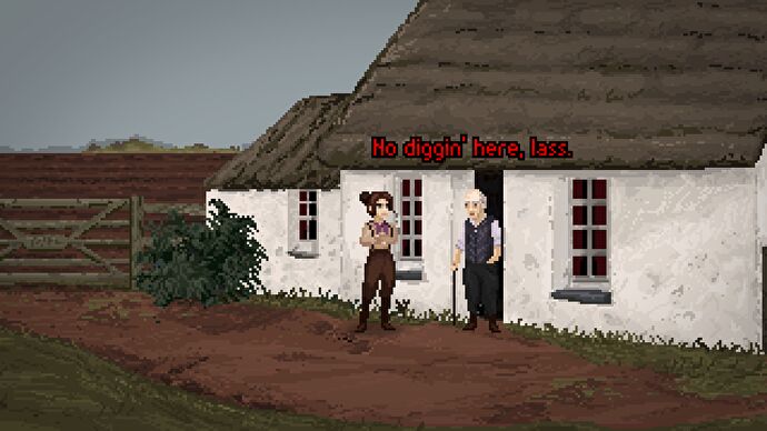 Une femme s'entretient avec un vieil homme à l'extérieur d'un cottage dans The Excavation Of Hob's Barrow.