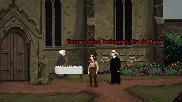 Le personnage principal de The Excavation Of Hob's Barrow, Thomasina, se tient devant une porte d'église avec un vicaire.  Il dit 