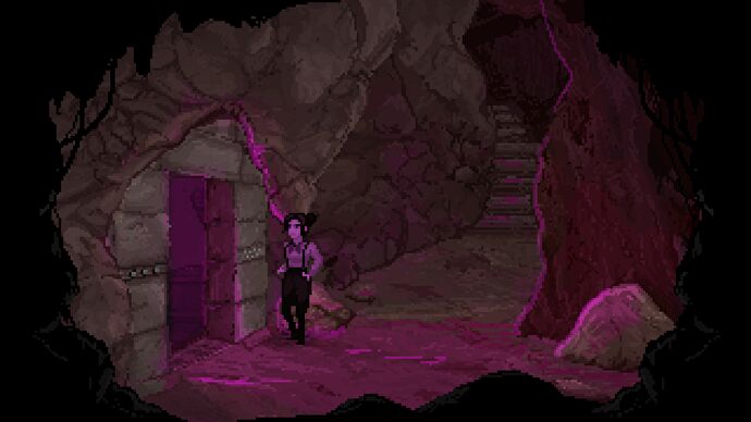 Une femme entre dans une porte ouverte à l'intérieur d'une grotte avec une lumière violette qui se déverse dans l'excavation de Hob's Barrow.