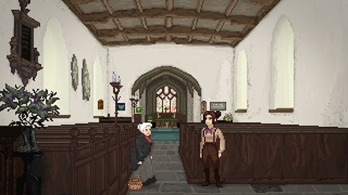 Une femme parle à une dame âgée à l'intérieur d'une église dans The Excavation Of Hob's Barrow.