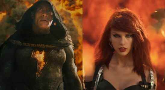 Dwayne Johnson in Black Adam and Taylor Swift in Bad Blood, pictured side-by-side and standing in front of fire.
