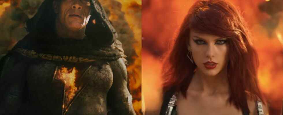 Dwayne Johnson in Black Adam and Taylor Swift in Bad Blood, pictured side-by-side and standing in front of fire.