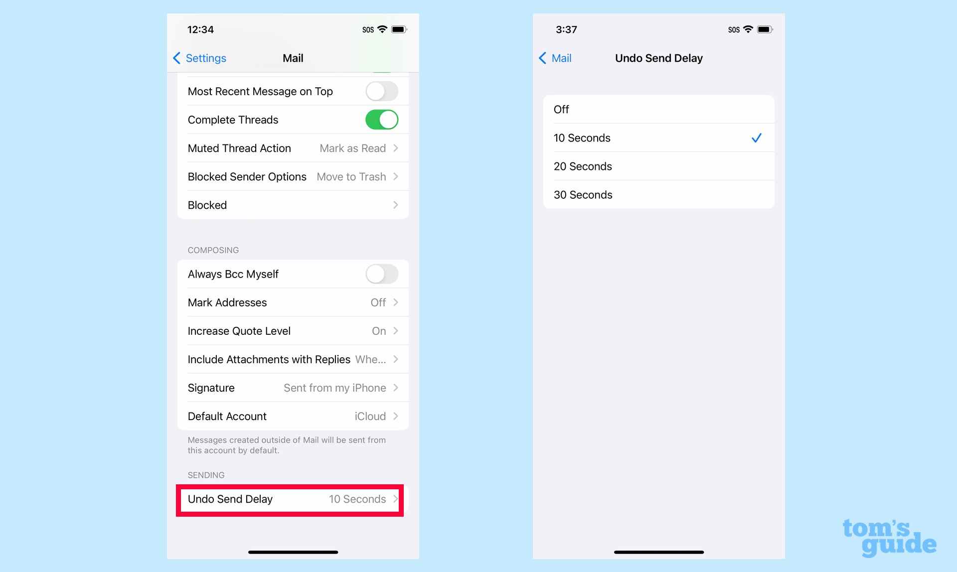 Paramètres d'annulation d'envoi d'e-mails iOS 16 Mail