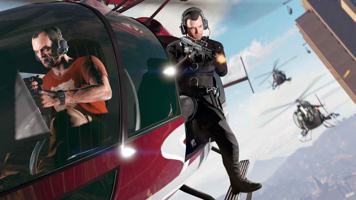 Trevor et Michael dans un hélicoptère dans GTA 5 sur PS5 et Xbox Series X
