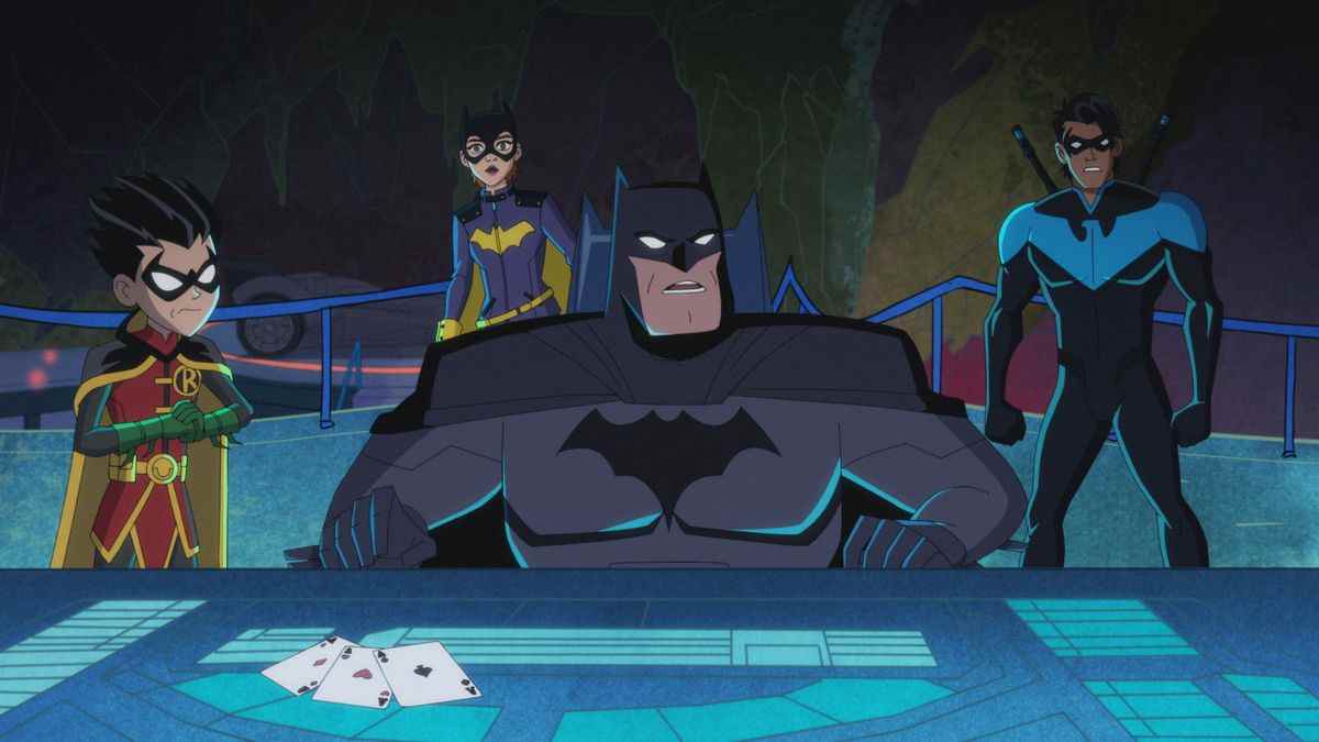 Batman, Robin, Batgirl et Nightwing se tiennent derrière le Batcomputer dans Harley Quinn saison 3