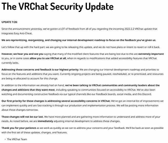 La mise à jour du blog de VRChat annonçant la mise à jour Easy Anti-Cheat.