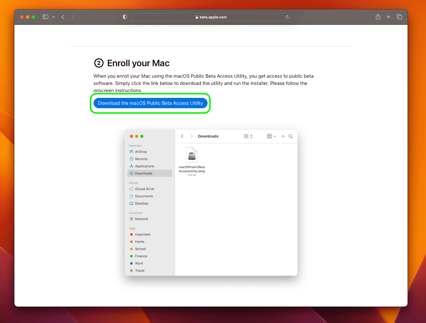 comment installer la version bêta publique de macos ventura étape 3 montrant inscrire votre page mac