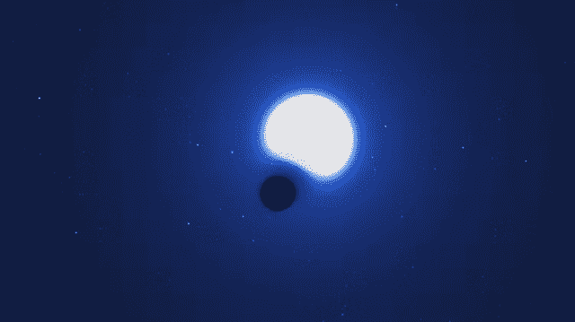 Dans le système VFTS 243, le compagnon stellaire et le trou noir (qui ne sont pas représentés à l'échelle) orbitent l'un autour de l'autre.  Notez qu'il n'y a pas de disque d'accrétion présent.