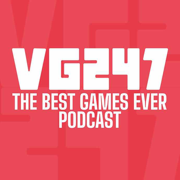 Logo du podcast Best Games Ever de VG247.  Texte blanc sur fond rouge.