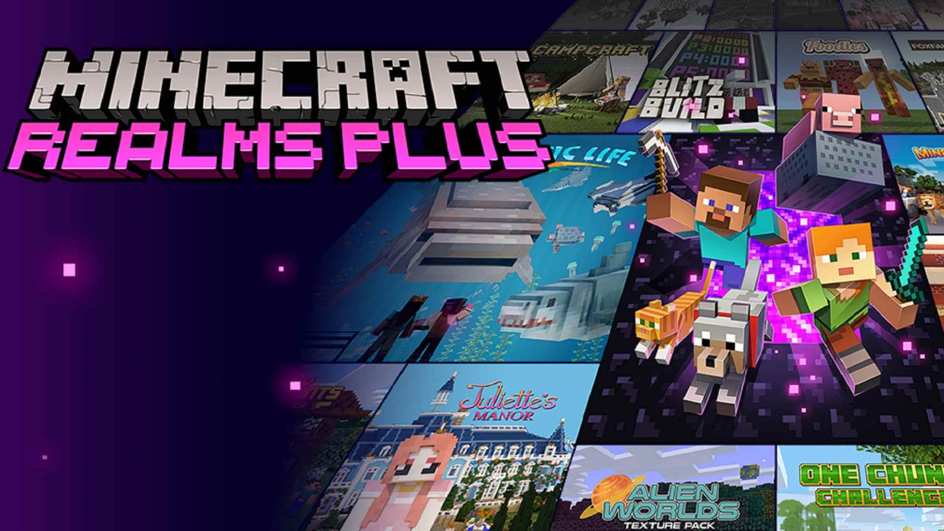 Hébergement Minecraft : L'écran de démarrage pour Minecraft Realms Plus, y compris des exemples de contenu de leur marché tels que Juliette's Manor, Aquatic Life, Alien Worlds, et plus encore.