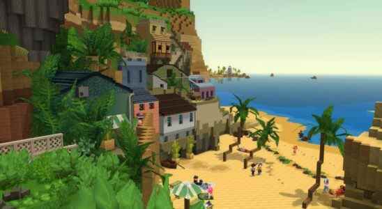 A blocky oceanside town in the game Hytale.