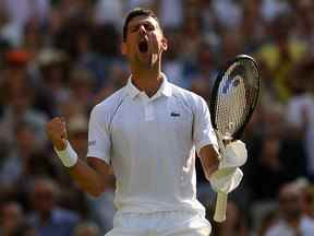 Novak Djokovic célèbre la balle de match contre Cameron Norrie lors de Wimbledon le 8 juillet 2022 à Londres.