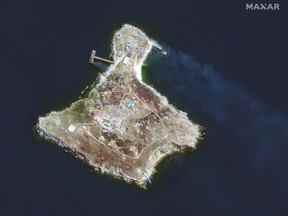 Une image satellite montre un aperçu de Snake Island, au milieu de l'invasion russe de l'Ukraine, Ukraine, 30 juin 2022.