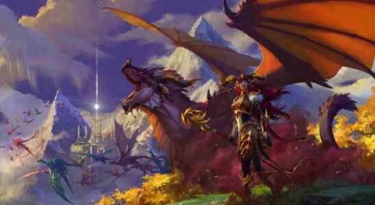 A dragon-y lady with red armor and staff standing in front of a roaring red dragon, with a flock of dragons in the background flying toward a ringed city and tower nestled amidst the mountains
