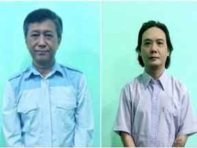 Une image combinée montre Kyaw Min Yu, également connu sous le nom de Ko Jimmy et Phyo Zeyar Thaw, deux des quatre militants pour la démocratie exécutés par les autorités militaires du Myanmar, accusés d'avoir aidé à mener à bien "actes de terreur," médias d'État, dans les captures d'écran non datées tirées d'une vidéo à distribuer.