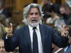Le ministre du Patrimoine canadien, Pablo Rodriguez, se lève pendant la période des questions, le lundi 2 mai 2022 à Ottawa.