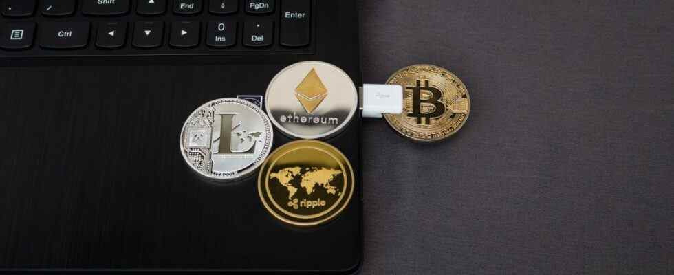 Image of pretend cryptocurrency coins on laptop and plugged in via USB