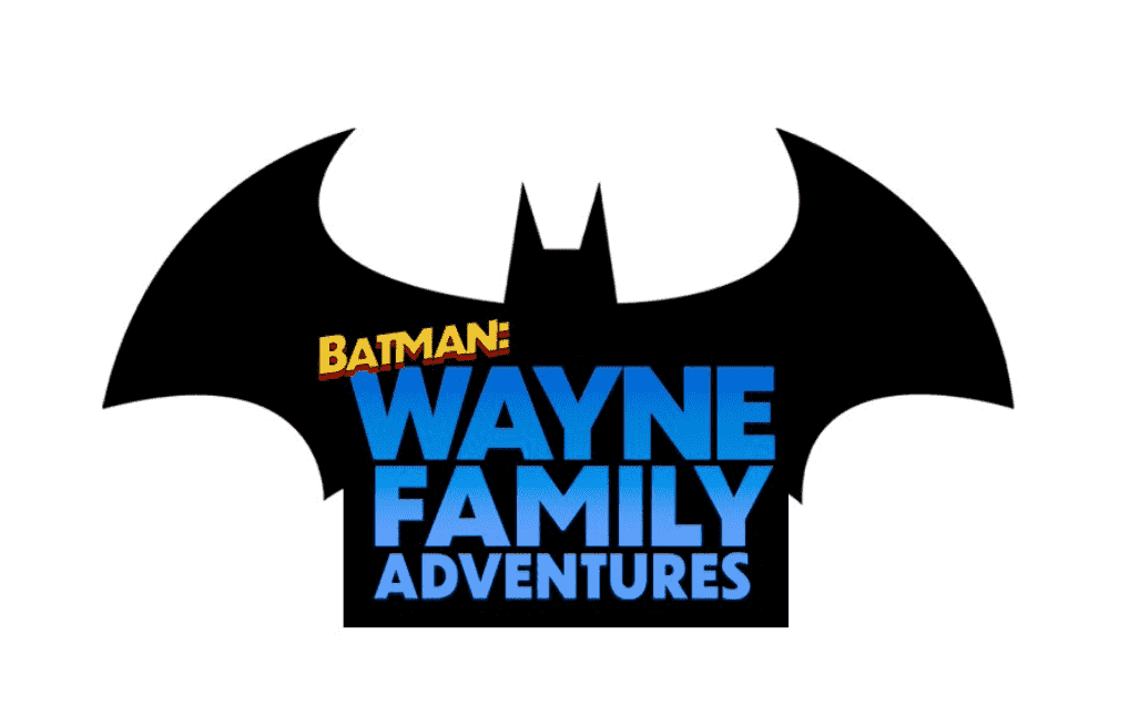 logo pour Batman: Webtoon Way Family Adventures montrant du texte bleu sur un signal de chauve-souris noir