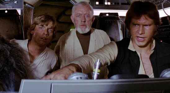 Mark Hamill, Alec Guinness and Harrison Ford in Star Wars Millennium Falcon cockpit