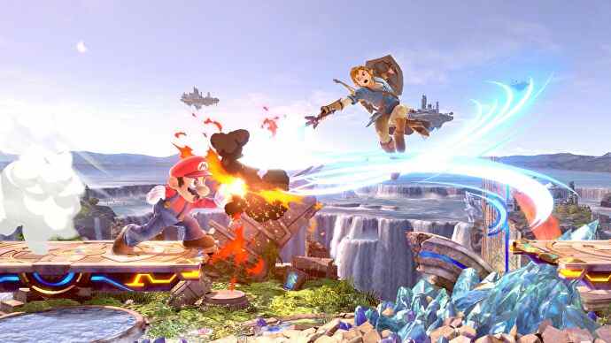 Mario et Link s'affrontent dans Super Smash Bros Ultimate.