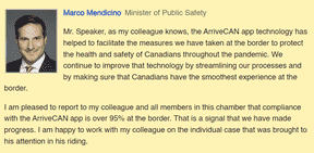 La plus récente déclaration de Mendicino à la Chambre des communes sur ArriveCAN du 20 juin.  Toutes ses déclarations sur ArriveCAN suivent essentiellement ce format.