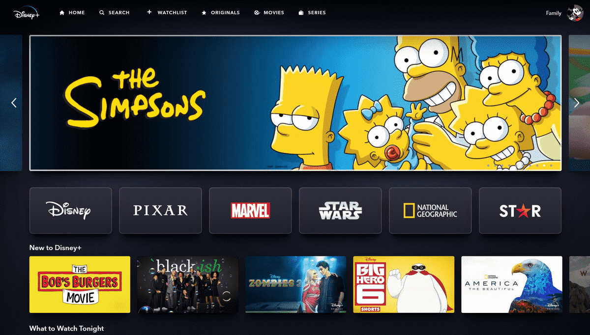 Une capture d'écran de l'écran d'accueil de Disney Plus, montrant une petite vignette des Simpsons et des liens vers Disney, Pixar, Marvel et Star Wars