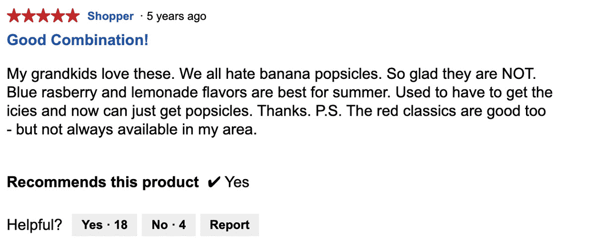Une capture d'écran d'une critique négative de Minion Ice Pops de 5 ans intitulée 