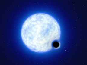Une impression d'artiste montrant à quoi pourrait ressembler le système d'étoiles binaires VFTS 243 - contenant un trou noir et une grande étoile lumineuse en orbite l'une autour de l'autre - si nous l'observions de près est vue dans cette image non datée.  Le système, qui est situé dans la nébuleuse de la Tarentule dans la galaxie du Grand Nuage de Magellan, est composé d'une étoile chaude et bleue avec 25 fois la masse du soleil et d'un trou noir, qui est au moins neuf fois la masse du soleil.
