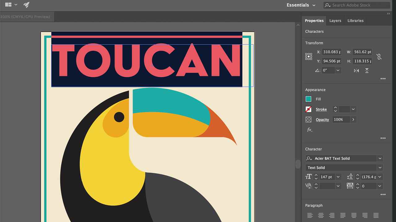L'interface utilisateur d'Adobe Illustrator montrant un Toucan stylisé