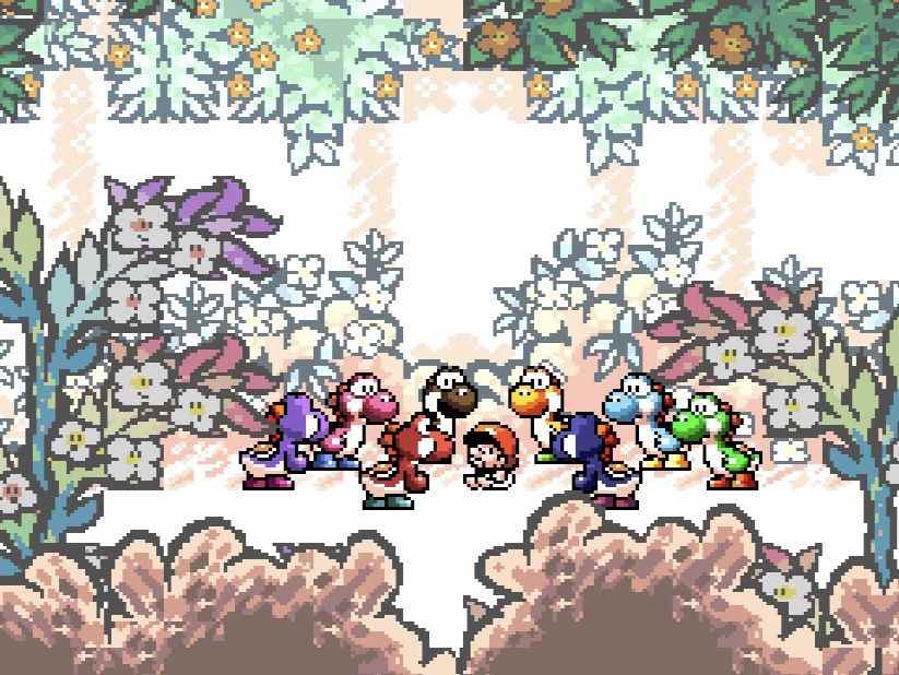 Une foule de Yoshis se rassemble autour de bébé Mario dans une forêt aux couleurs pastel