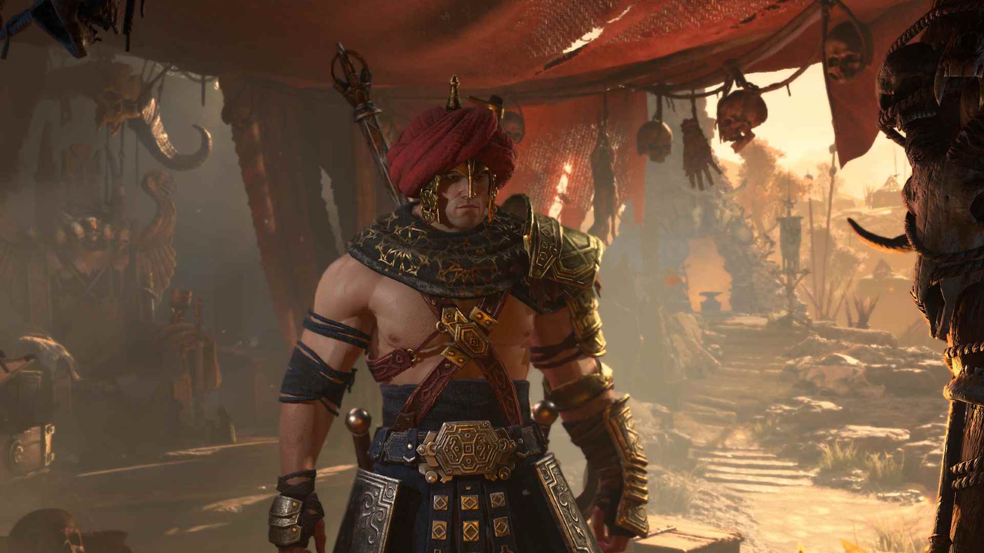 Date de sortie de Diablo 4 : un barbare en turban au milieu d'un marché aux allures moyen-orientales.