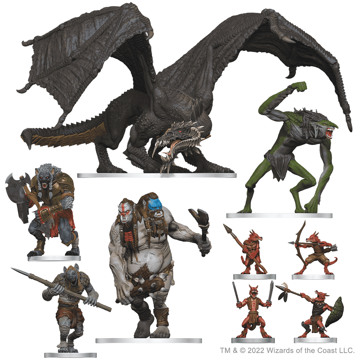Neuf figurines de monstres D&D: Onslaught dont un dragon noir, deux gnolls, un ettin, un troll et quatre kobolds.