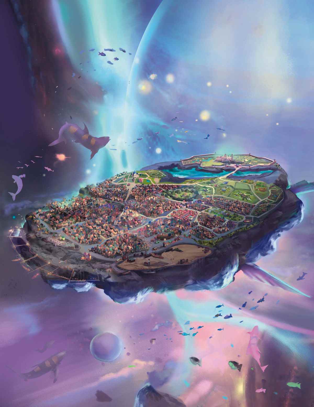 Une parcelle de terre violette sombre - avec des ailes - flotte dans un vide d'encre à l'extérieur d'une sphère de cristal.