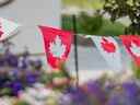 SASKATOON, SK—1er JUILLET/2022 - 0701 News Fête du Canada - Des drapeaux avec des feuilles d'érable sont suspendus à l'extérieur de la mosquée Baitur Rahmat à Saskatoon, SK, le vendredi 1er juillet 2022. (Saskatoon StarPhoenix/Matt Smith)