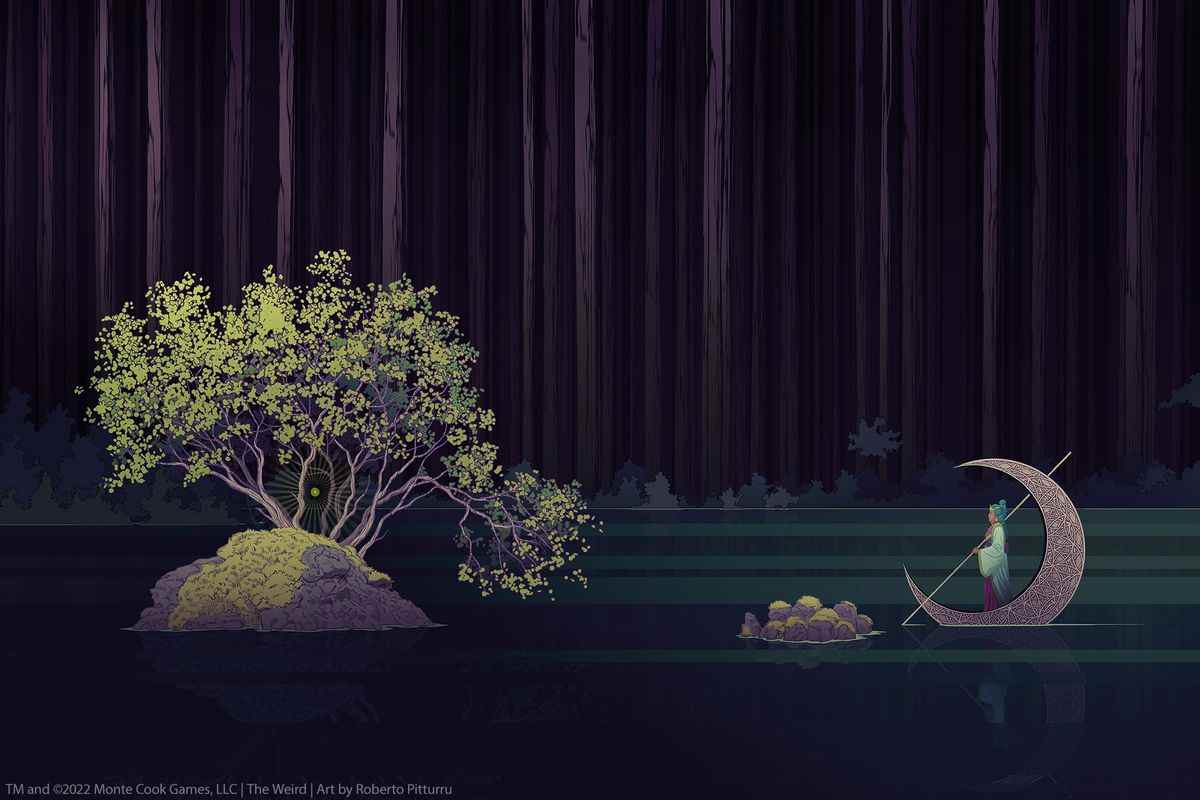 Une femme présentant des poteaux humanoïdes sur un bateau en forme de lune devant un peuplement de grands arbres jusqu'à une île.  C'est la nuit.