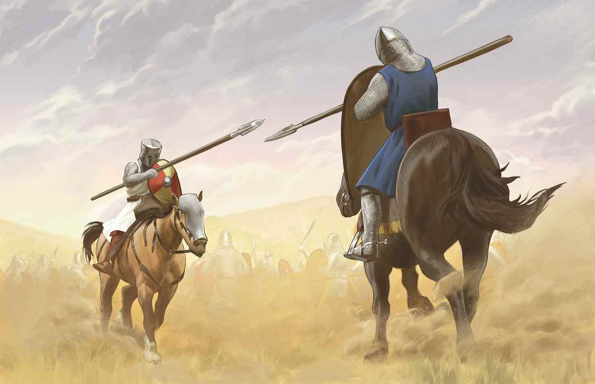 Deux chevaliers coiffés de casques croisés se chevauchent, lances levées.