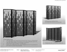 Proposition de conception approuvée pour l'un des six séparateurs de pièces à charnières conçus par Christopher Solar Design, d'Ottawa.  Les écrans, d'une valeur de 1 616 $ chacun, ont été expédiés à la résidence officielle de l'ambassade du Canada à Tokyo, au Japon, en mars 2020.