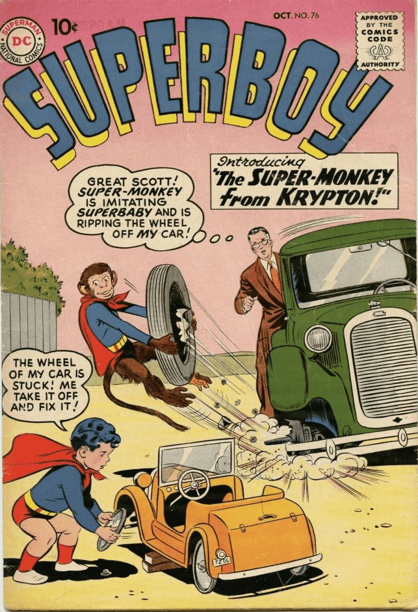 Beppo le Super-Singe arrache un pneu de la roue, imitant Superboy.
