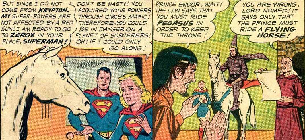 Comet the Super-Horse parle à Superman et Supergirl avant d'être monté par un homme coiffé d'un chapeau de sorcier.