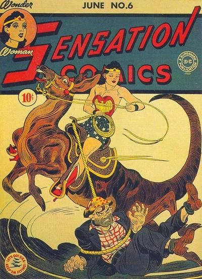 Wonder Woman chevauche Jumpa le Kanga tout en lassoant un méchant
