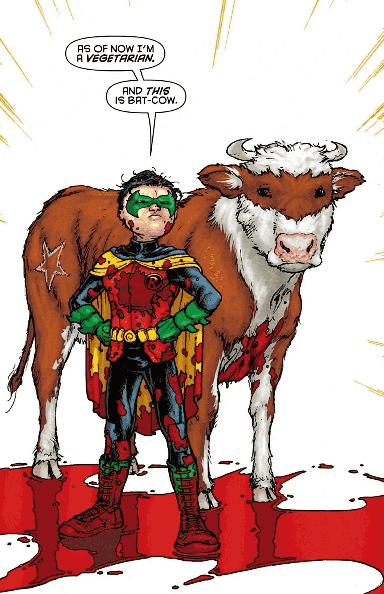 Damian Wayne se tient fièrement dans une mare de sang avec Bat-Cow, disant : « A partir de maintenant, je suis végétarien.  Et voici Bat-Cow.