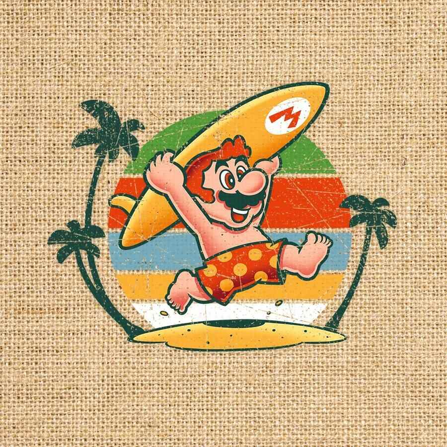 Une photo estivale de Mario en train de surfer (avec des tétons)