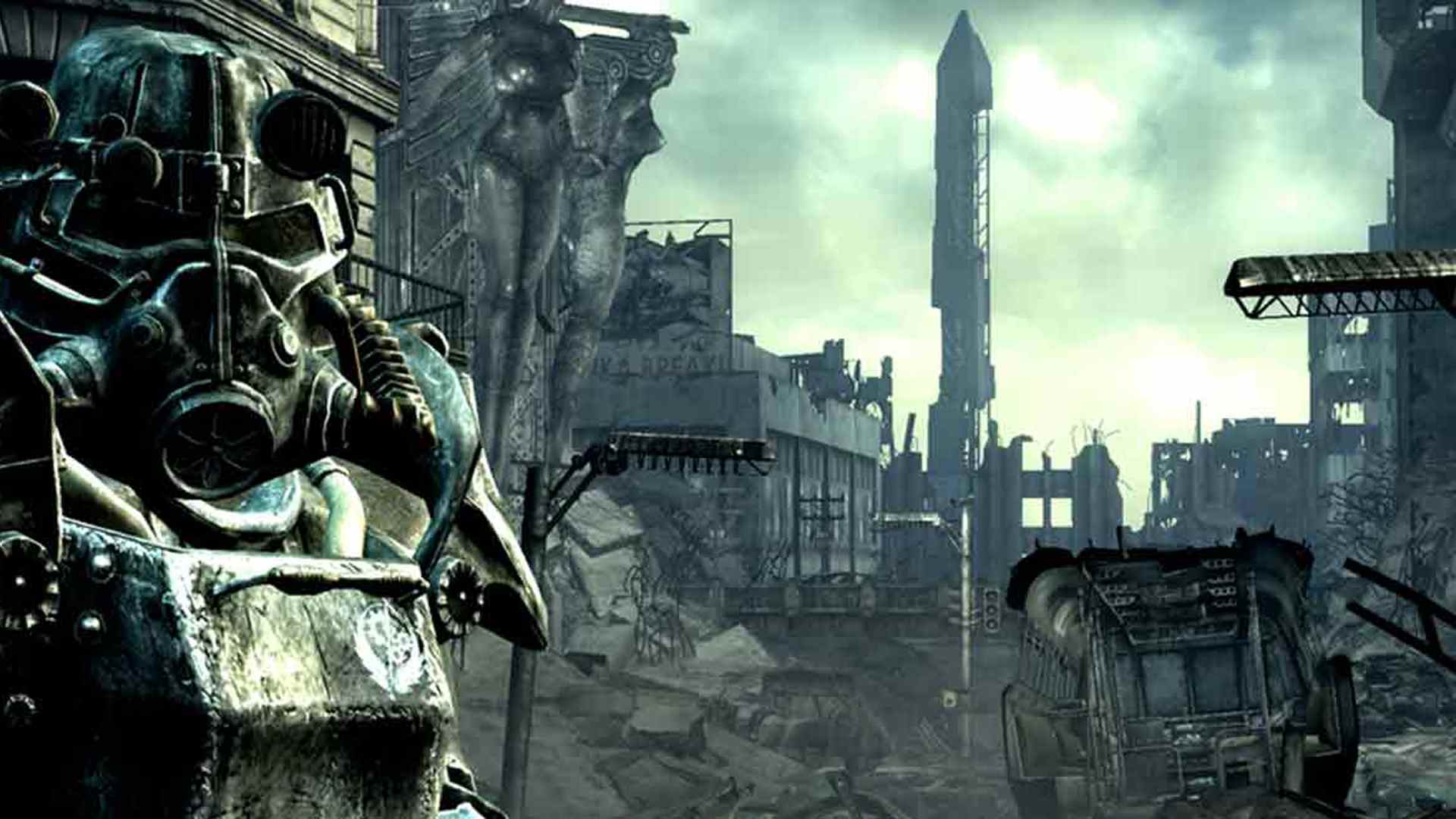 Armure assistée et ville en ruine dans Fallout 3